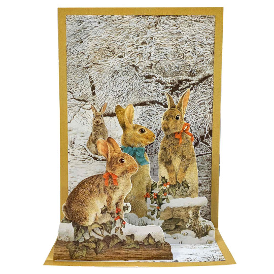 Pop-up Snowy Bunnies with Bows Christmas Card ~ England